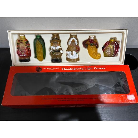VTG Old World Christmas Thanksgiving Light Covers Set of 6 w/Box New Pilgrims - Picture 2 of 15